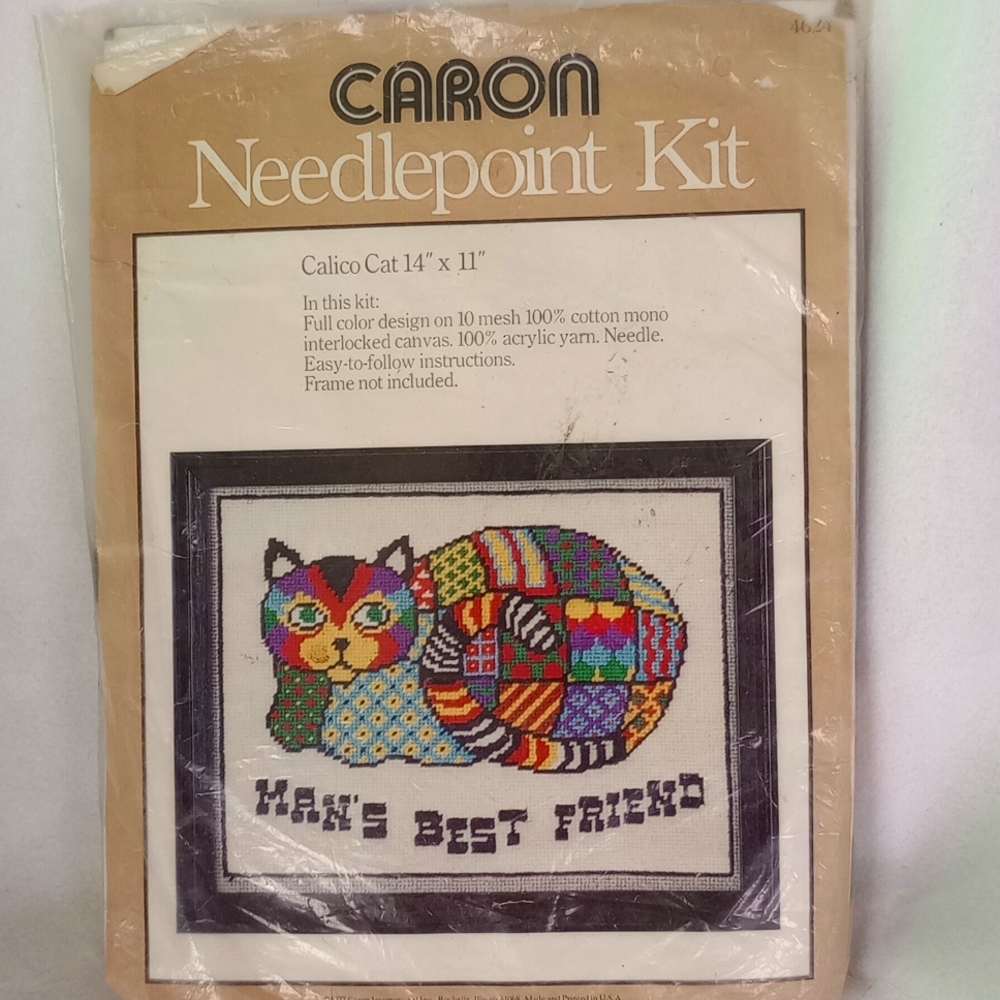 Vtg Caron Needlepoint Kit Calico Cat 14"x11" Mans Best Friend Unopened
